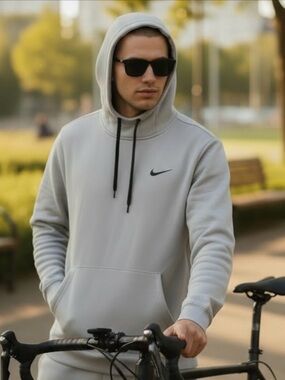 Men’s Nike Light Silver Hoodie with Black Swoosh and Drawstrings